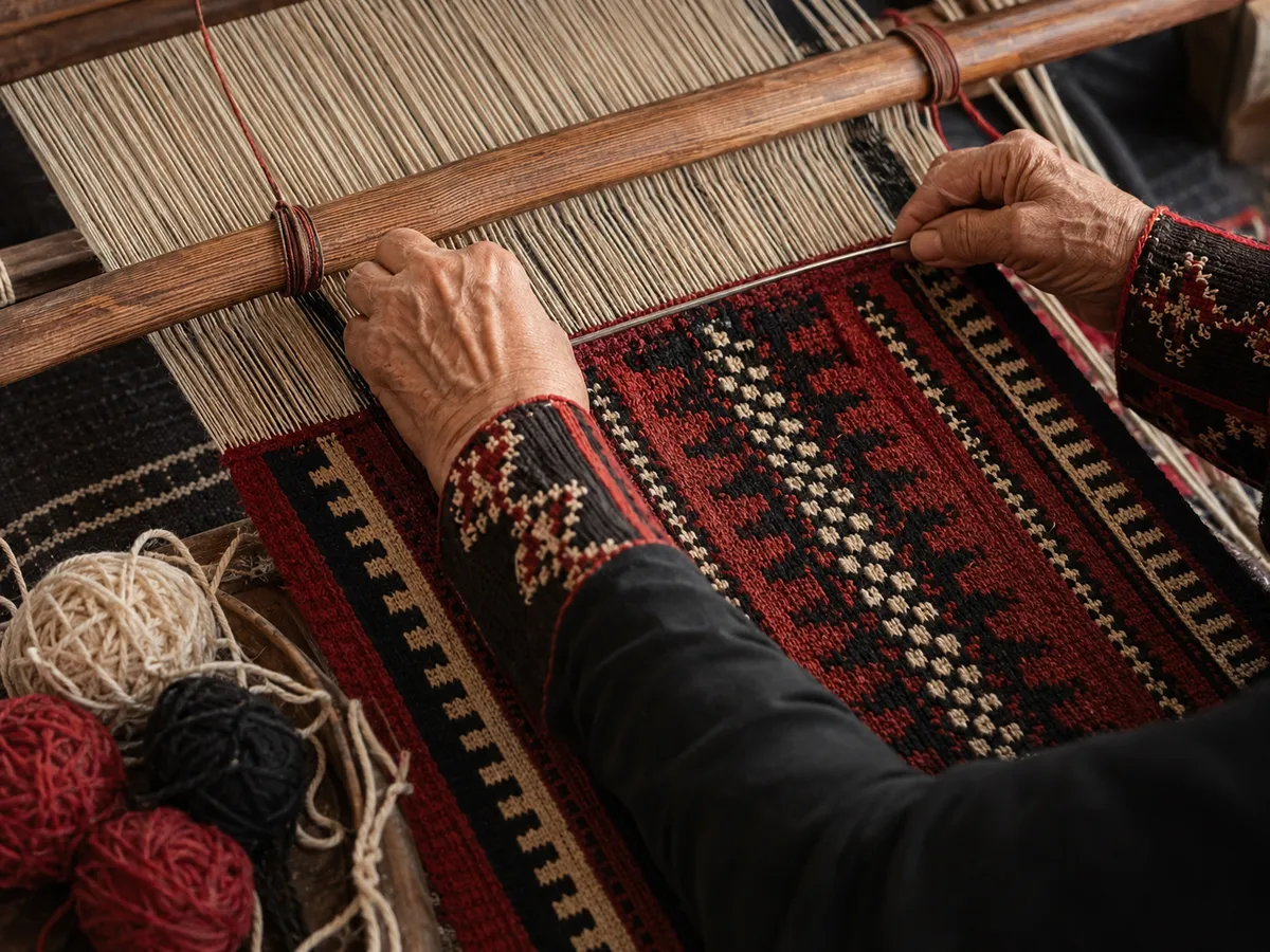 أحزمة وحقائب سدو منسوجة يدوياً بألوان وزخارف تراثية معلّقة للعرض