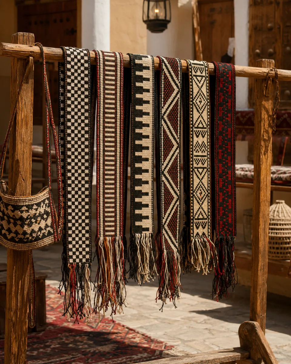 مرحلة تثبيت خيوط السدو على النول وتشكيل النقشة الهندسية